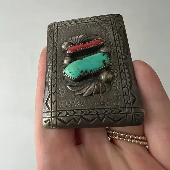 Vintage Old Pawn Silver, Turquoise, & Coral Belt Buckle